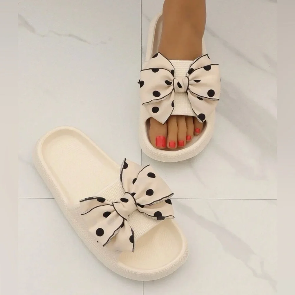 LAST ONE Cream and Black Polka Dot Bow Sandals